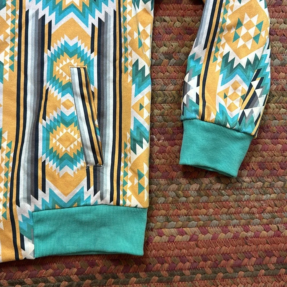 CRAZY TRAIN YELLOW & BLUE AZTEC GEOMETRIC WESTERN COUNTRY COWGIRL BOMBER JACKET - Picture 5 of 7